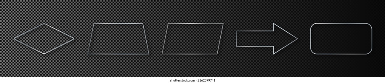 Set of five silver glowing different geometric shape frames isolated on dark transparent background. Shiny frame with glowing effects. Vector illustration