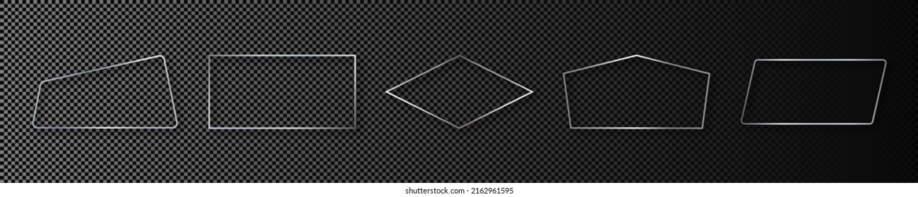 Set of five silver glowing different geometric shape frames isolated on dark transparent background. Shiny frame with glowing effects. Vector illustration