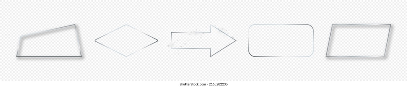 Set of five silver glowing different geometric shape frames isolated on transparent background. Shiny frame with glowing effects. Vector illustration