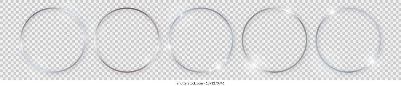 Set of five silver shiny round frames with glowing effects and shadows on transparent background. Vector illustration