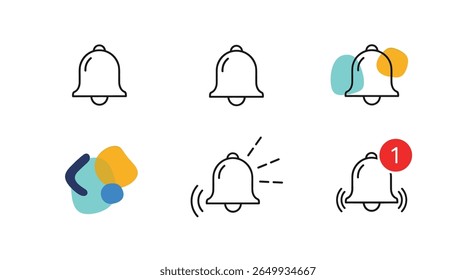 Conjunto de cinco ícones de sino simples que representam alertas de notificação e alertas sonoros com formas coloridas abstratas e uma contagem de notificação