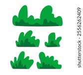 A set of five simple cartoon-style green grass clumps, isolated on a white background.