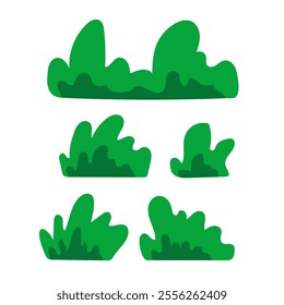 A set of five simple cartoon-style green grass clumps, isolated on a white background.