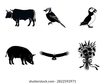 A set of five simple and elegant black and white vector illustrations featuring a cow with horns, a pig, a blue jay bird, a puffin bird, and a bundle of wheat tied with a ribbon. Perfect for educational, agricultural, nature, or decorative projects. Clean and minimalist design ideal for various uses including logos, posters, and digital media.