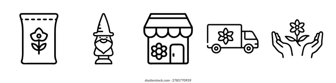 A set of five simple line icons representing gardening and flower shop services, including a bag of seeds, a garden gnome, a shop front, a delivery truck, and hands holding a flower.