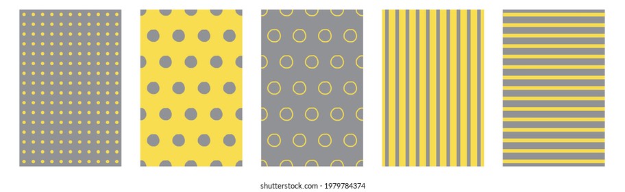 Set of five simple seamless patterns. Geometric abstract pattern in the trending colors of 2021. Vector seamless yellow-gray patterns. Yellow and gray abstract background, card, print, template.