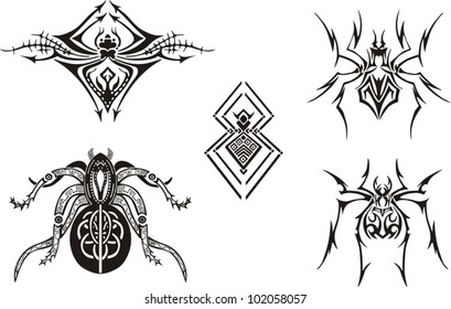 The set with five simple symmetrical black and white spider sketches most suitable for tattoos, vinyl-cutting or T-shirts. Vector EPS Illustrations.