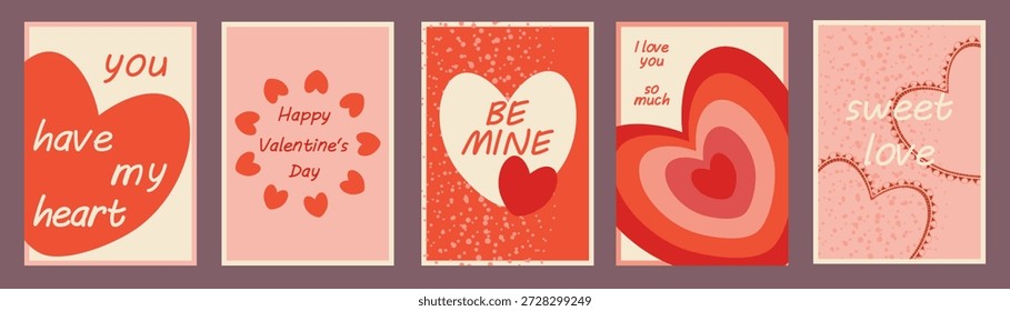 Ein Satz von fünf einfachen Valentinstag-Karten mit verschiedenen handschriftlichen Inschriften im Retro-Stil. Perfekt für Grüße, Einladungen, Werbung oder Verkäufe.