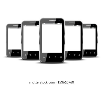 Set of five smartphones isolated on a white background 