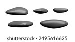 Set of five smooth, black stones. Vector illustration of 3D rock icons with glossy surfaces and various shapes. Perfect for spa, zen, and natural-themed designs