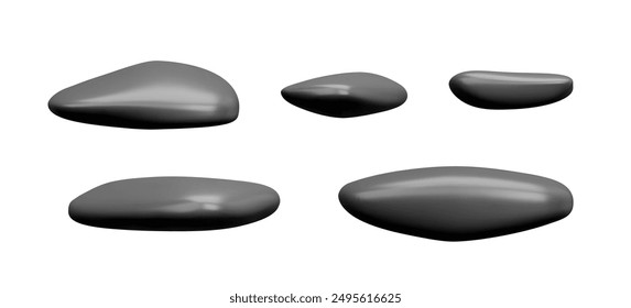 Set of five smooth, black stones. Vector illustration of 3D rock icons with glossy surfaces and various shapes. Perfect for spa, zen, and natural-themed designs