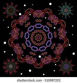 Set of five snowflakes. Card with pink and red snowflakes on black background. Winter card Merry Christmas, New Year and Happy Holiday vector illustration.