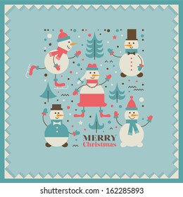 A set of five snowmen and Christmas trees.