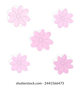 A set of five soft pink cosmos flowers. Vector, white background.