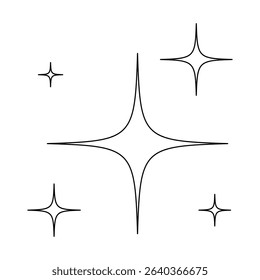 Set of five sparkle star icons in black outline style. Flat vector template for decoration, highlight elements, or celestial design.
