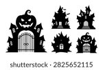 Set of five spooky haunted house silhouettes with eerie gates, perfect for Halloween decorations, themed projects, or spooky designs.