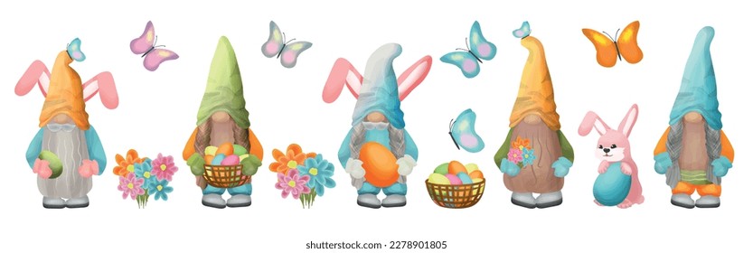 Set of five spring gnomes, bouquets of flowers, butterflies, basket of painted eggs. Design elements for cards, invitations, prints, etc.