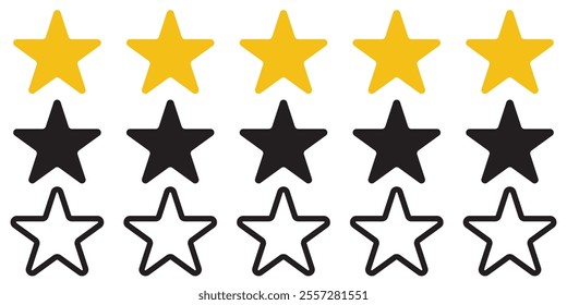 Set of five star icon collection. Yellow and black star symbol. Vector Illustration.