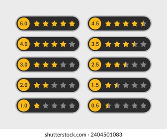Conjunto de icono de clasificación de cinco estrellas.
Cinco índices de revisión de estrella dorada, comentarios de clientes, icono de calificación de productos, plantillas de diseño de vectores de iconos de estrella de clasificación.