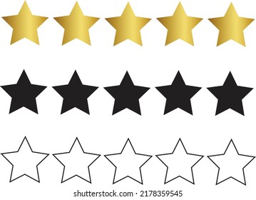 Conjunto de iconos de cinco estrellas, colección de símbolos, color dorado y negro - Vector