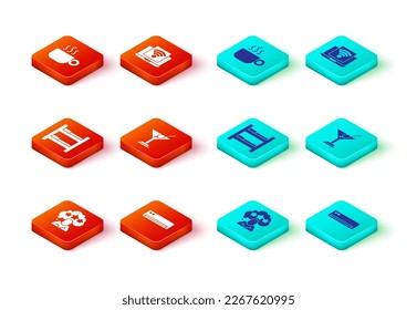 Set Five stars rating review, Air conditioner, Hotel room bed, Martini glass, Wireless laptop and Coffee cup icon. Vector