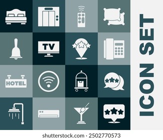 Set Five stars rating review, Telephone handset, Remote control, Smart Tv, Hotel service bell, room bed and  icon. Vector