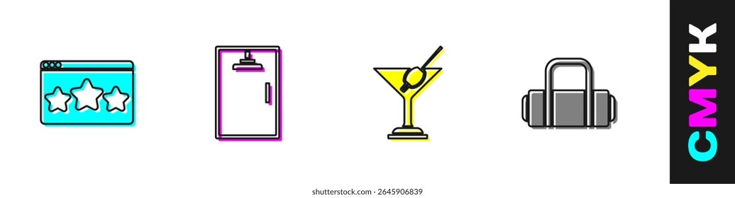 Set Five stars rating review, Shower cabin, Martini glass and Suitcase icon. Vector