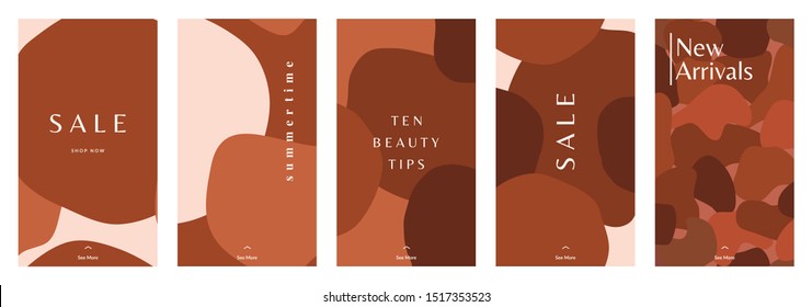 A set of five stories templates with abstract organic shapes in brown, pastel pink and orange. Trendy contemporary collage style flyer, card, brochure, social media post design.