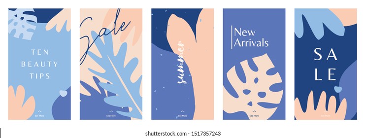 A set of five stories templates with abstract leaf and floral shapes in blue, pastel pink and lavender purple. Trendy contemporary collage style flyer, card, brochure, social media post design.