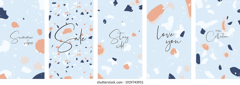 Ein Satz von fünf Geschichten Vorlagen mit abstraktem Terrazzo-Muster. Trendy zeitgenössische Collage Stil Flyer, Karte, Broschüre, Social Media Post Design.