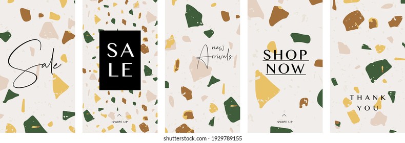 A set of five stories templates with abstract Terrazzo pattern. Trendy contemporary collage style flyer, card, brochure, social media post design.
