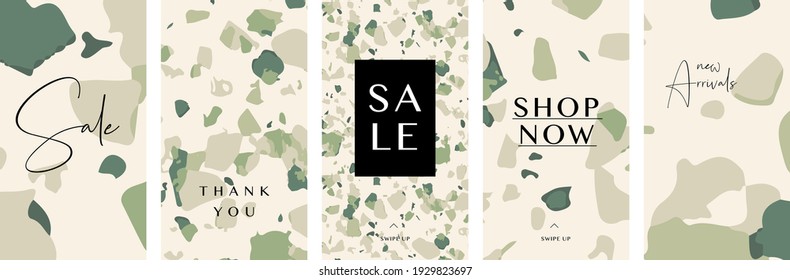 A set of five stories templates with abstract Terrazzo pattern. Trendy contemporary collage style flyer, card, brochure, social media post design.