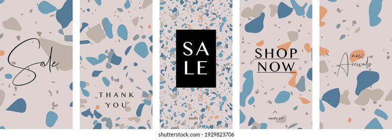 A set of five stories templates with abstract Terrazzo pattern. Trendy contemporary collage style flyer, card, brochure, social media post design.