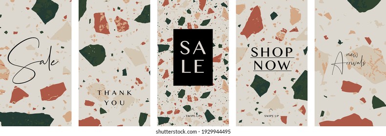 Un conjunto de plantillas de cinco pisos con un patrón abstracto de Terrazzo. Folleto contemporáneo de moda estilo collage, tarjeta, folleto, diseño de publicaciones en redes sociales.