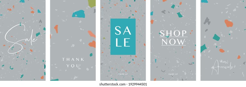 A set of five stories templates with abstract Terrazzo pattern. Trendy contemporary collage style flyer, card, brochure, social media post design.