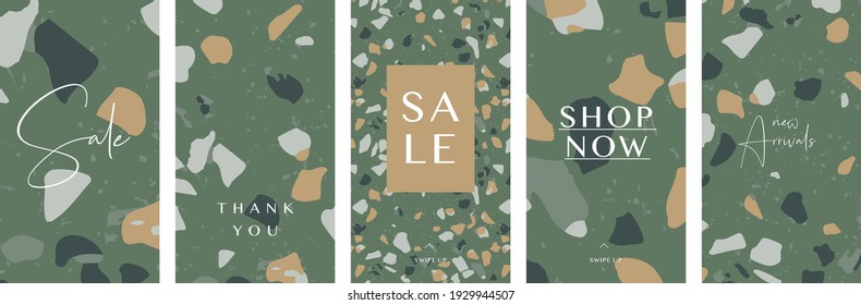 A set of five stories templates with abstract Terrazzo pattern. Trendy contemporary collage style flyer, card, brochure, social media post design.