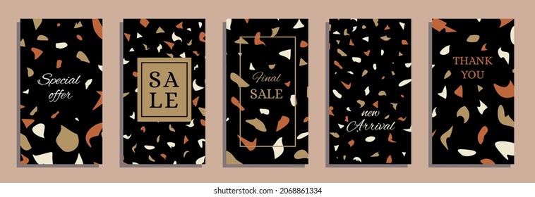 A set of five stories templates with abstract Terrazzo pattern on black background. Black Friday, Sale. Trendy contemporary collage style flyer, card, brochure, social media post design.