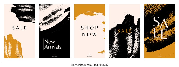 A set of five stories templates with hadn painted abstract brush strokes in black, orange and cream. Trendy contemporary collage style flyer, card, brochure, social media post design.