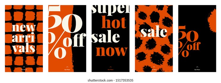 A set of five stories templates with hand painted abstract textures and bold text in red, black and cream. Trendy contemporary collage style flyer, card, brochure, social media post design.