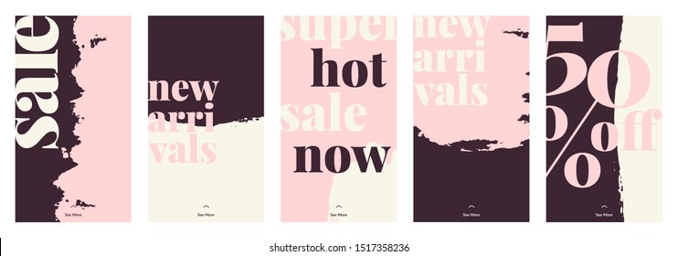 A set of five stories templates with hand painted abstract brush strokes and bold text in black, pastel pink and cream. Trendy contemporary collage style flyer, card, brochure, social media post.