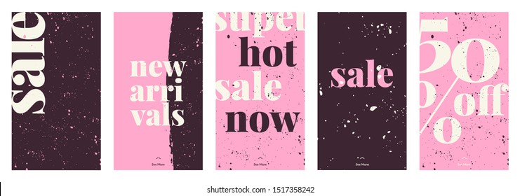 A set of five stories templates with hand painted abstract textures and bold text in dark violet, pink and cream. Trendy contemporary collage style flyer, card, brochure, social media post design.