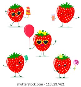 A set of five Strawberry Smiley in cartoon style. In glasses with ice cream, with a balloon, with a lollipop, with juice, with a selfie phone. Flat, vector.