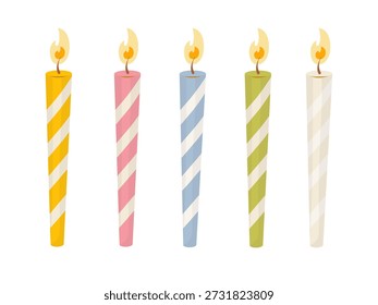 Set von fünf gestreiften Geburtstagskerzen mit Flammen. Flache Vektorgrafik in sanften Pastellfarben. Dekoratives Partyobjekt für Kuchen, Einladungen, Karten, Verpackungen, Plakate und Urlaubsbranding.