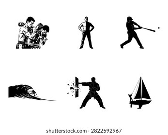 A set of five stylized black and white vector icons depicting various dynamic actions: a martial artist in combat, a boxer in a fighting stance, a baseball player swinging a bat, a surfer riding a wave, and a martial artist performing a powerful kick. Simple, bold, and expressive line art suitable for sports, fitness, and action-themed projects.