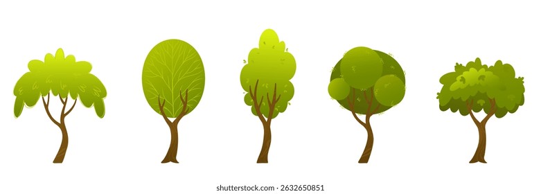 Set of five stylized green trees with different shapes and foliage types on a white background. Flat cartoon illustration. Nature elements. Forest and park concept. Design for banner and poster.
