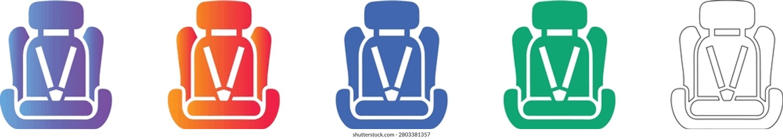 A set of five stylized icons representing baby car seats, featuring vibrant color gradients and a clean black outline version. These icons are perfect for parenting apps, automotive safety guides, and e commerce websites focusing on child travel equipment.