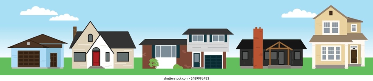 Un conjunto de cinco casas suburbanas, casas unifamiliares, Vector