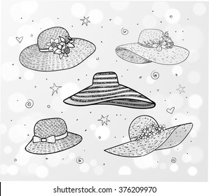 Set of five summer hats on white glowing background