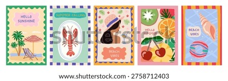 A set of five summer postcards featuring a beach, a woman, fruit, and sea creatures. Vacation-themed illustrations for seasonal greetings, social media stories, and posters. Vector.
