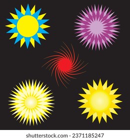 set of five  sun or star effects on black background